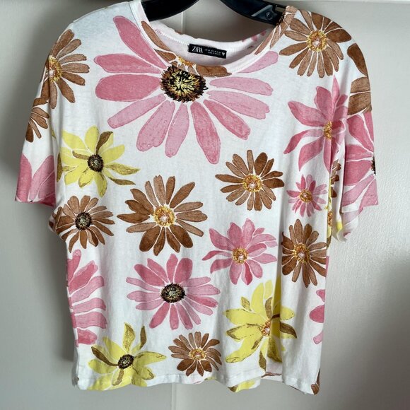 Zara Floral Top Pink Flower Tee Short Sleeve Size M White/Multi Cotton - Picture 7 of 7